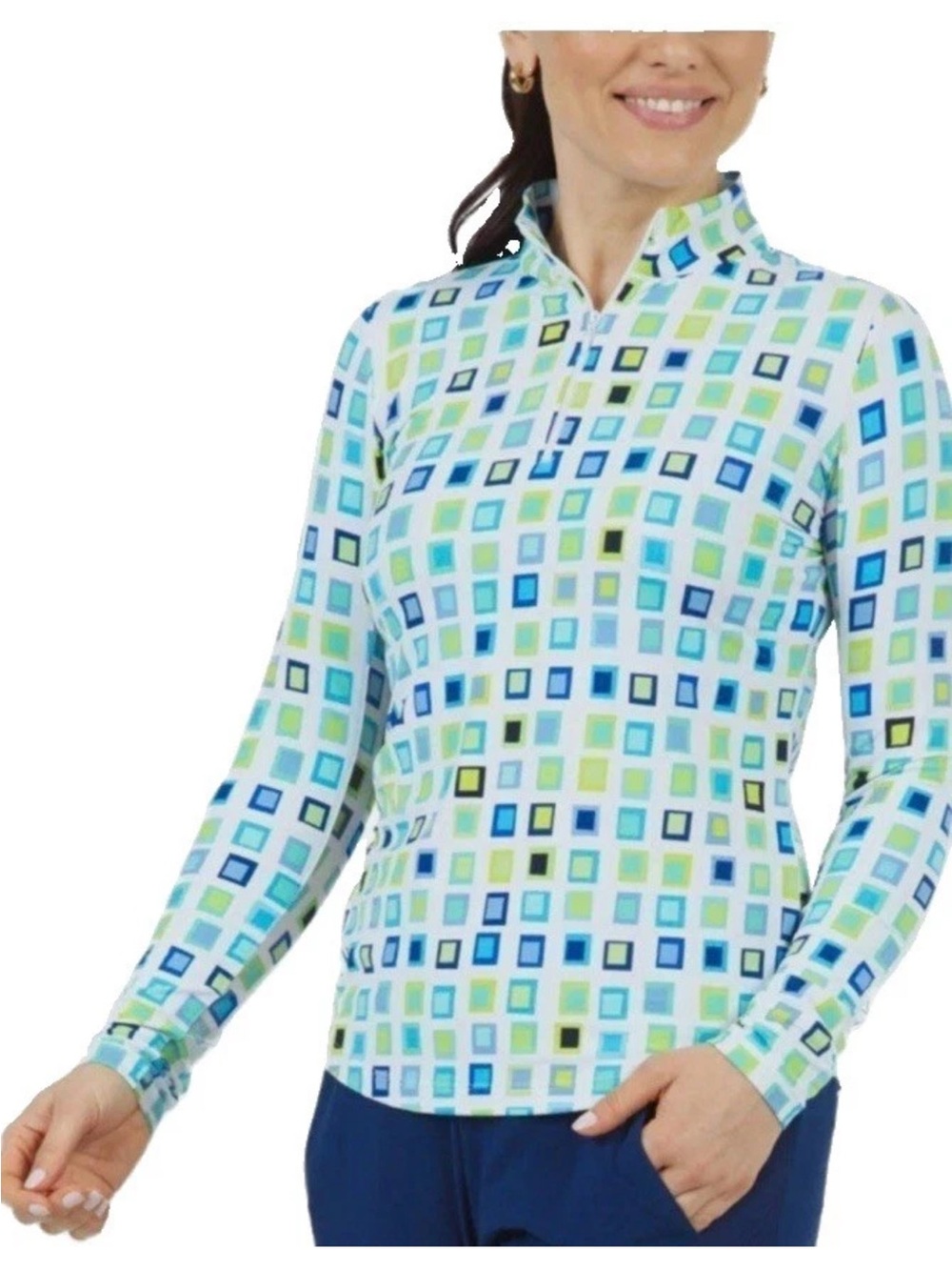 NWOT, IBKUL S, Women's Long Sleeve Geometric Print Zip-Neck Top, Cool Max SPF 50